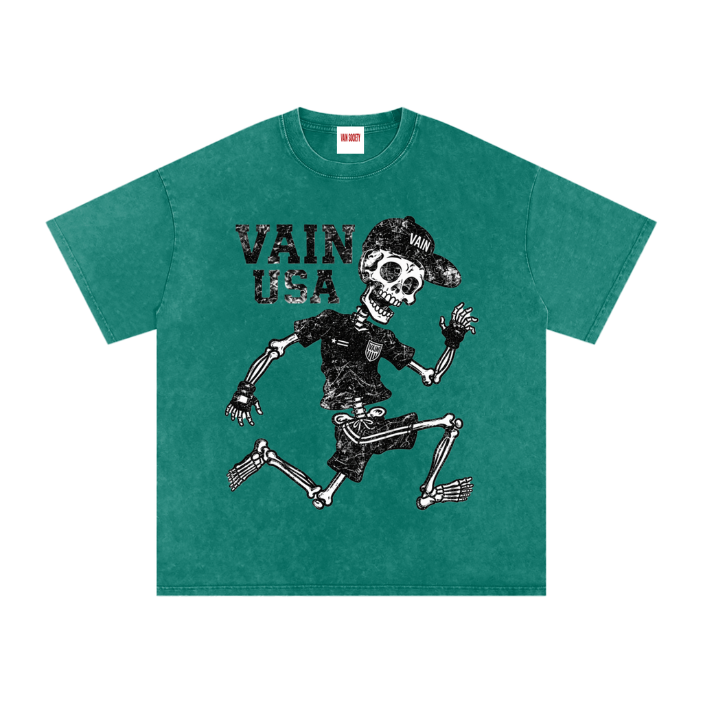 Vain USA Skeleton Runner Snow Washed Oversized Cotton T-Shirt