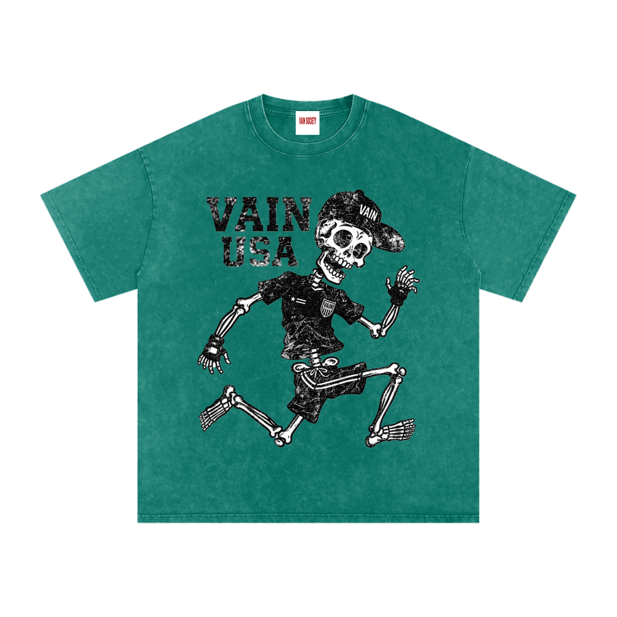 Vain USA Skeleton Runner Snow Washed Oversized Cotton T-Shirt